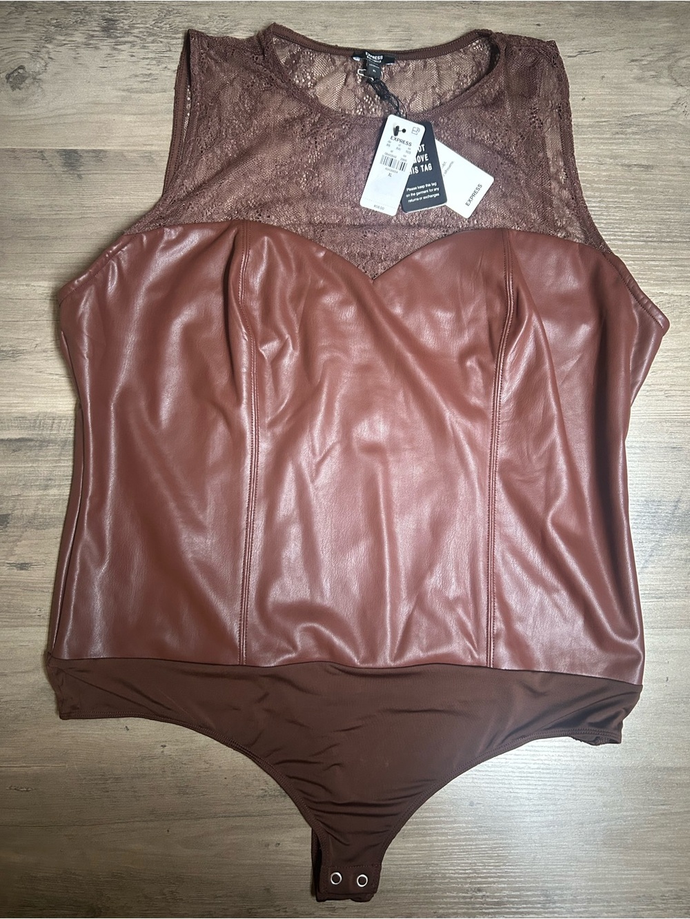Express Brown Faux Leather & Lace Bodysuit